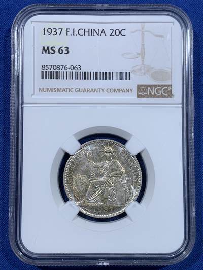 《竞宝斋》第448场 周日，周一，2场连拍 （全场包邮） - NGC MS63 法属印度支那1937二十分坐洋银币