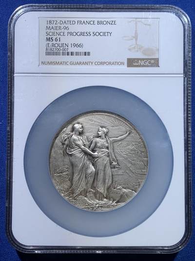 《竞宝斋》第448场 周日，周一，2场连拍 （全场包邮） - NGC MS61 法国 科学进步纪念镀银大铜章 著名法国名家罗蒂设计 科学女神与玛丽安娜指向远处的工厂 边铭：rouen 1966 加大加厚盒