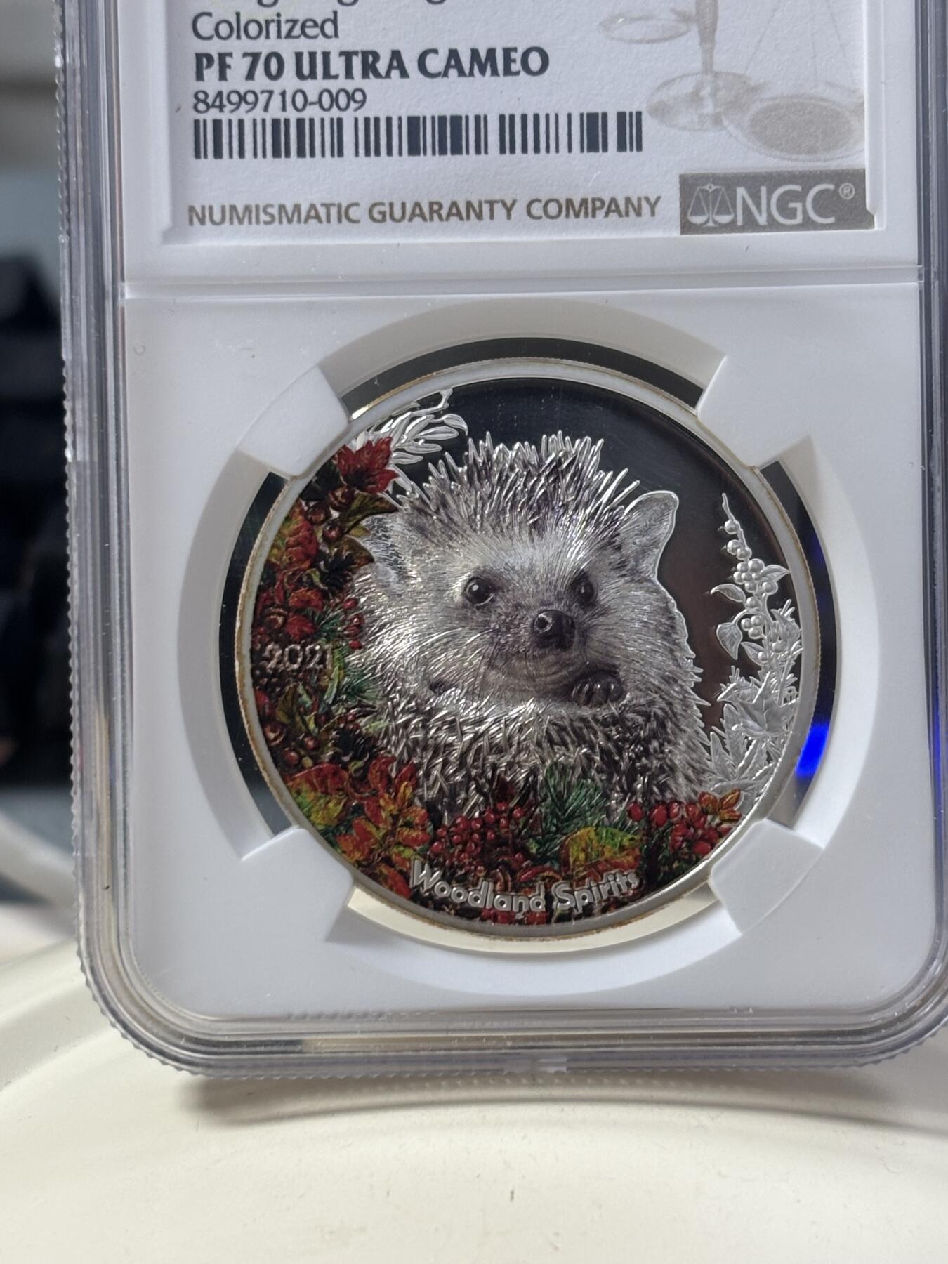 第186期拍卖 蒙古2021年森林精灵系列4豪猪1盎司银币NGC-PF70无盒无证书，999银，发行1500枚，