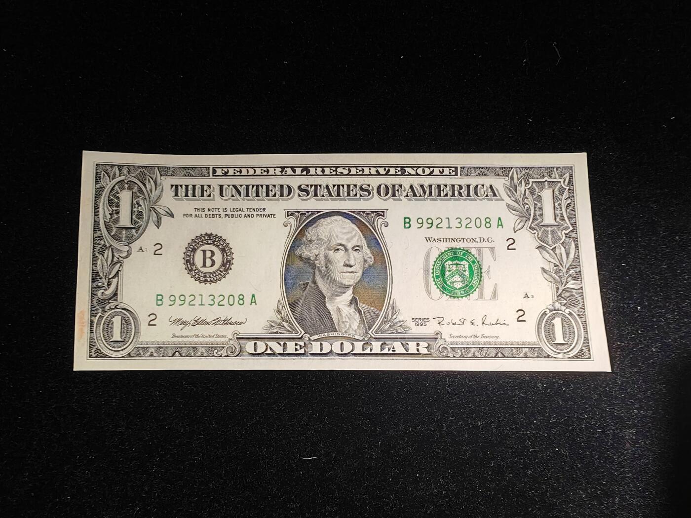 美国纸币 1995年 1美元 B区 全新 左下一处脏