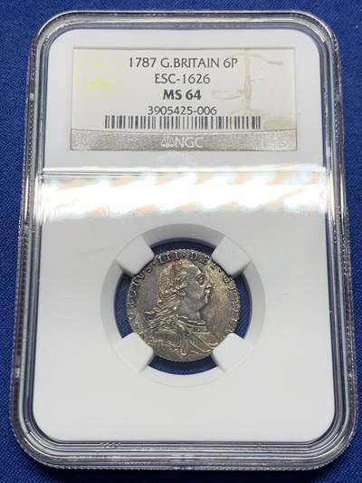 《竞宝斋》第448场 周日，周一，2场连拍 （全场包邮） - NGC MS64 英国1787年乔治三世6便士银币 亚军分