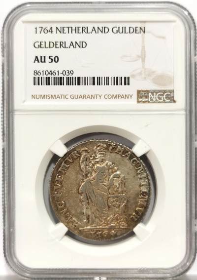 博洋堂世界钱币拍卖第153期（全场包邮） - NGC AU50 荷兰格尔德兰省1764年站人雅典娜1盾银币，带五彩带光状态，近300年的币这个状态不容易，今年11月博洋堂一枚VF30的不含佣560元成交