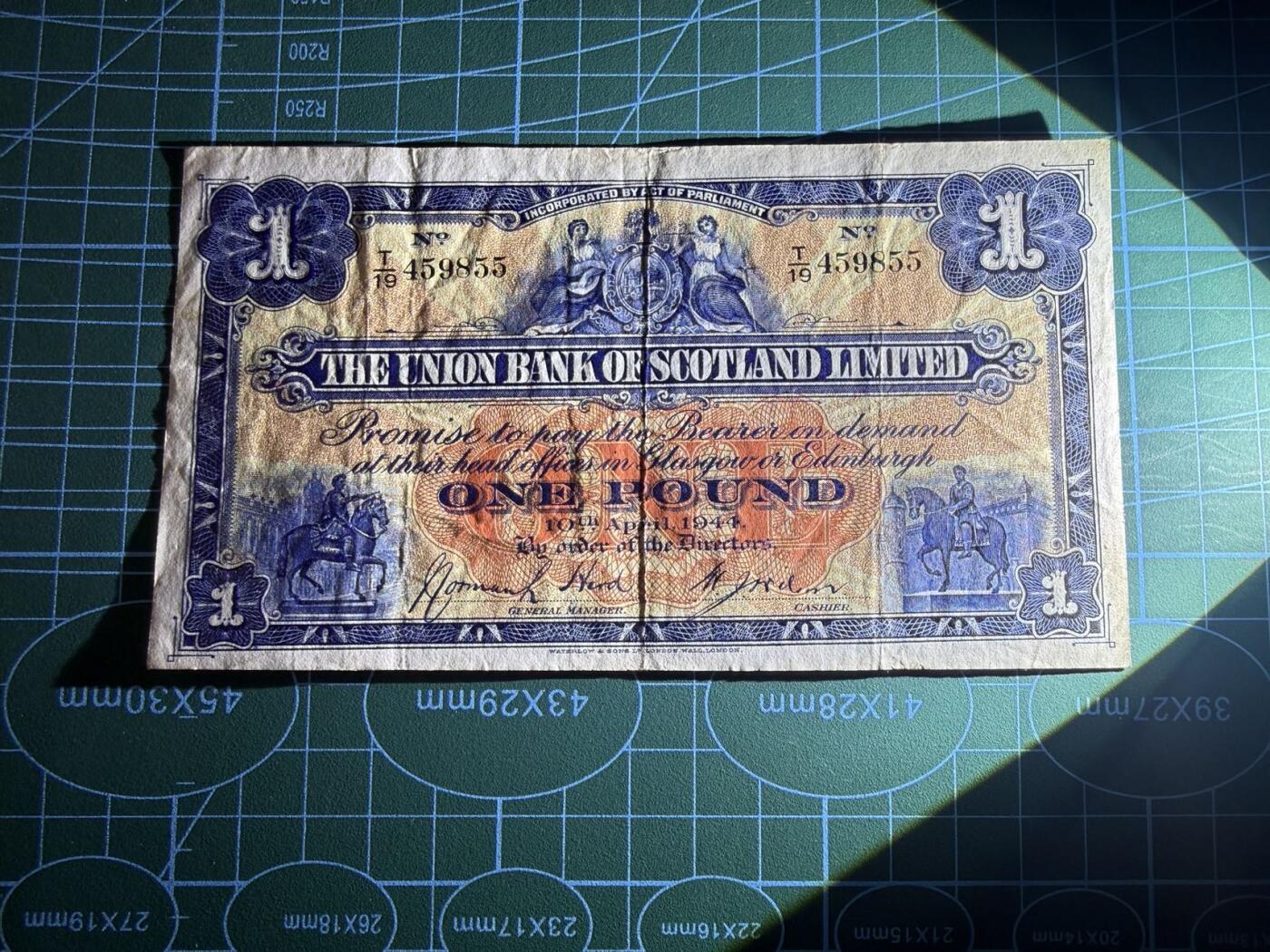 【炜奕收藏】，第五十三期 1944年苏格兰联合银行1镑，品相如图