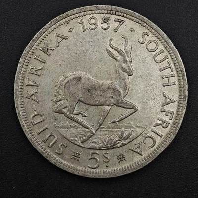 【淘币小摊】实时拍第八百三十拍   银币套币场   满百包邮可预留二周 每周一统一发货   - 南非1957年伊丽莎白二世5先令羚羊银币28.2克500银银价197