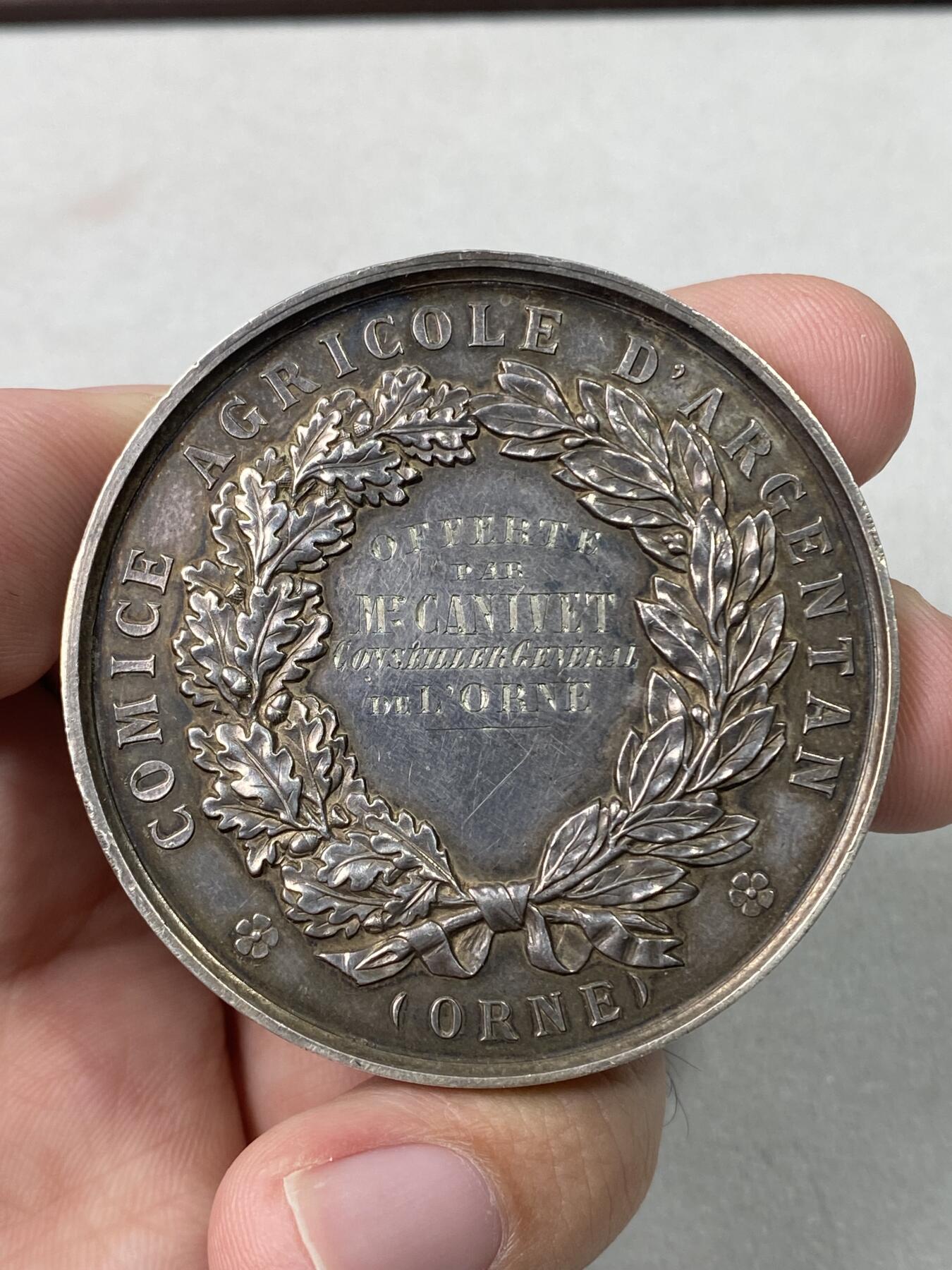 万国钱币拍卖第057期（万国冬季大拍） 19世纪末法国第三共和国农业大银章 浮雕质感黑包浆好状态 55g 50mm