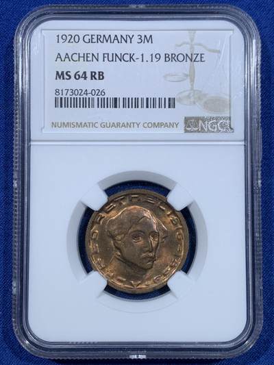 《竞宝斋》第448场 周日，周一，2场连拍 （全场包邮） - NGC MS64RB 德国亚琛 1920年 3马克 铜币 非常漂亮的转光