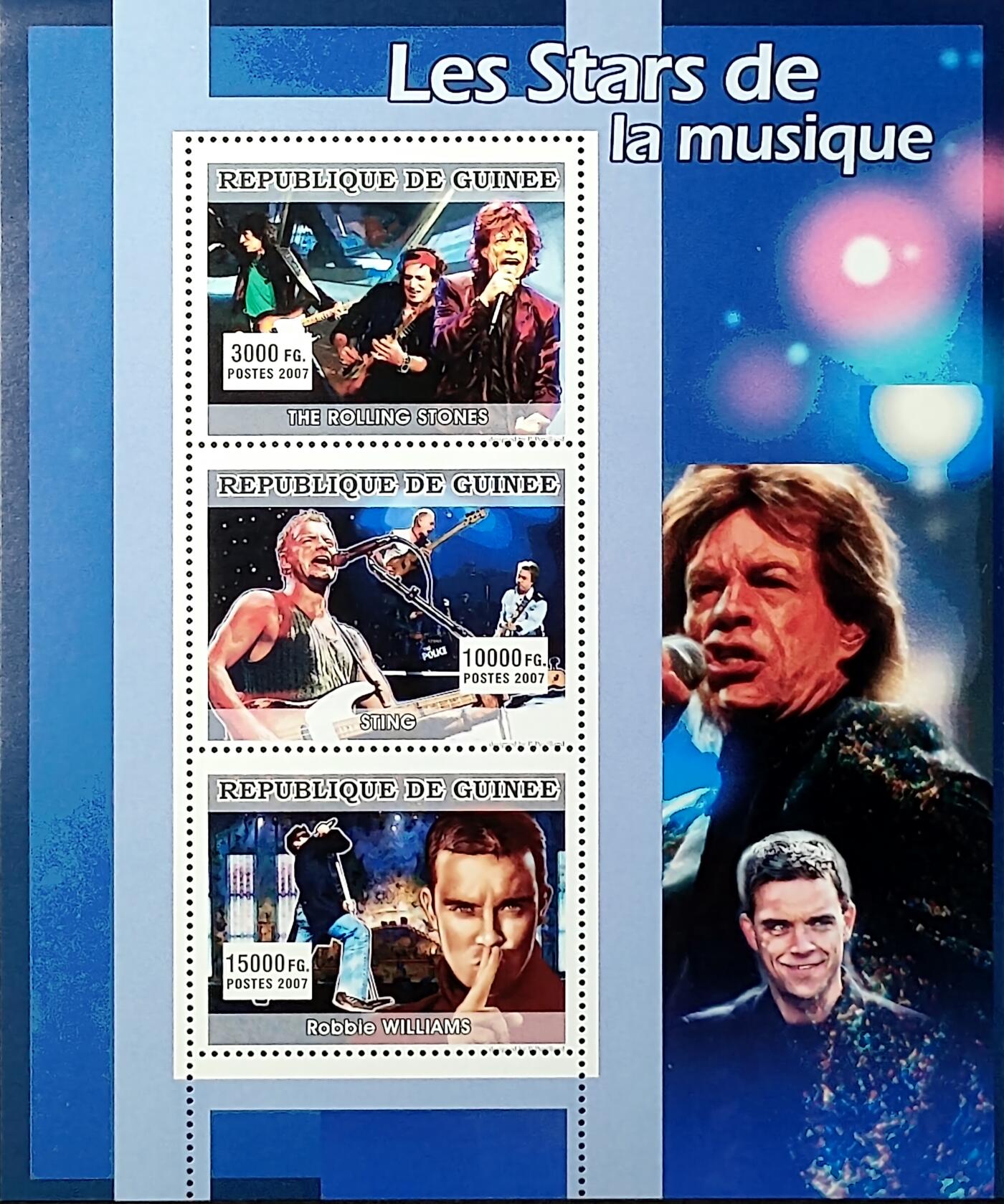 ↓君缘收藏682期☞钱币邮品↓无佣金、可寄存、满30元包邮  几内亚邮票，2007年音乐明星(滚石乐队,斯汀,罗比·威廉姆斯)邮票小全张