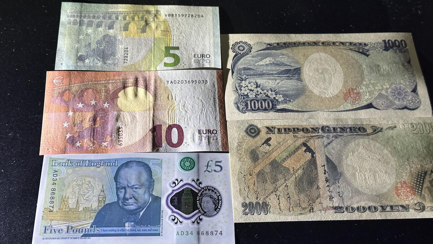 《外钞收藏家》第五百九十四期（畅拍场）（本平台长期征集拍品、欢迎藏友们联系合作） 三签5欧（全新）和10欧元（有软折）+5英镑全新+1000和2000日元（轻微2潮点）张全新一起
