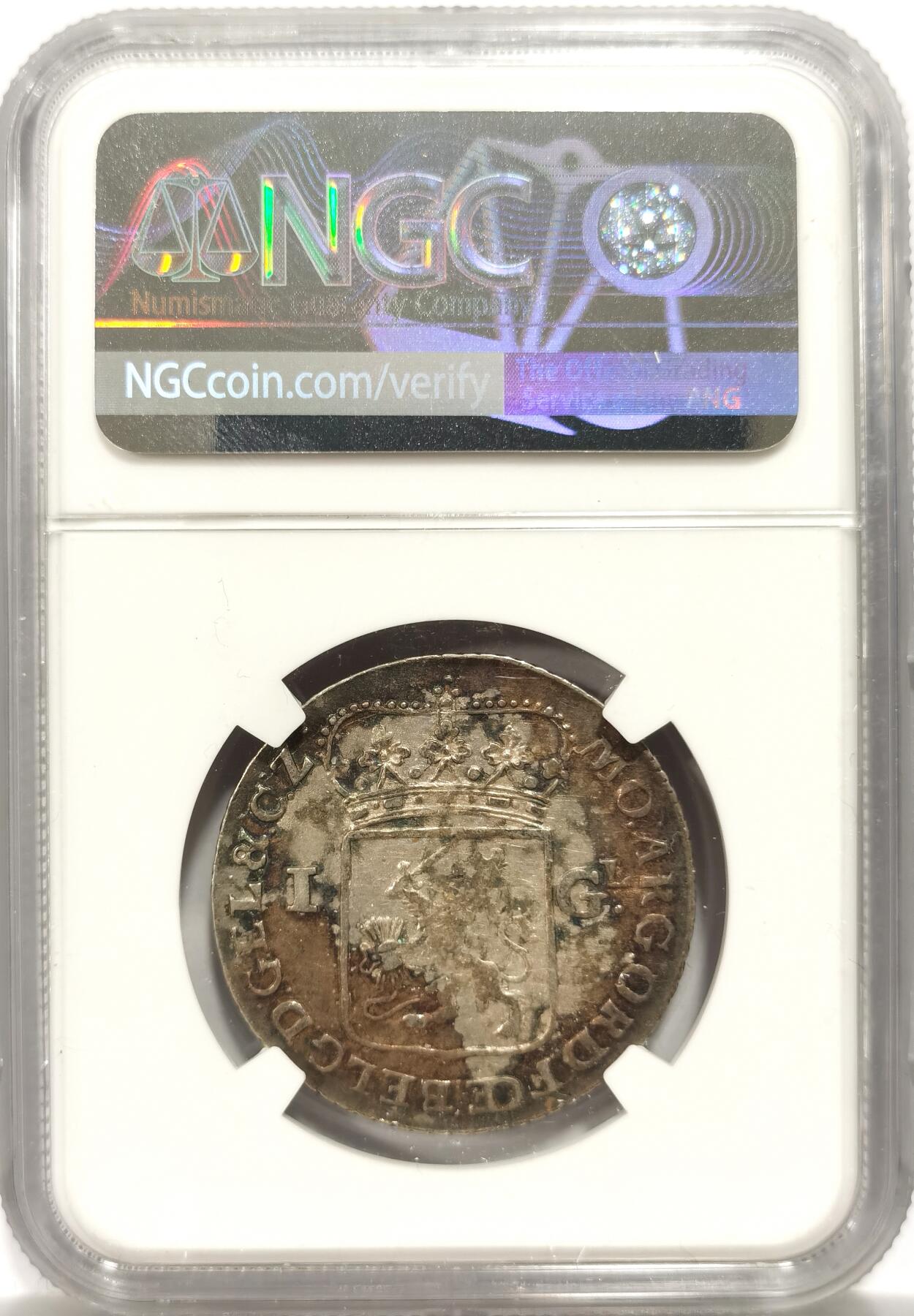 博洋堂世界钱币拍卖第153期（全场包邮） NGC AU50 荷兰格尔德兰省1764年站人雅典娜1盾银币，带五彩带光状态，近300年的币这个状态不容易，今年11月博洋堂一枚VF30的不含佣560元成交