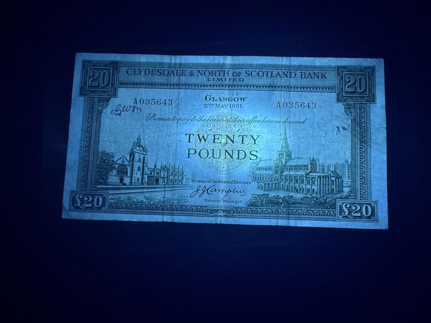 【炜奕收藏】，第五十三期 1951年苏格兰克莱斯戴尔和北方联合银行20镑，品相如图，首发年A冠稀少