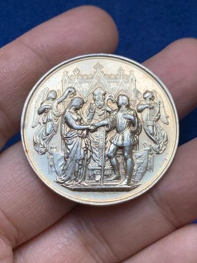 《竞宝斋》第448场 周日，周一，2场连拍 （全场包邮） - 法国1906年结婚纪念镀金银章 36.3MM 21.7g 丰饶角银标 边铭刻字 少见好品