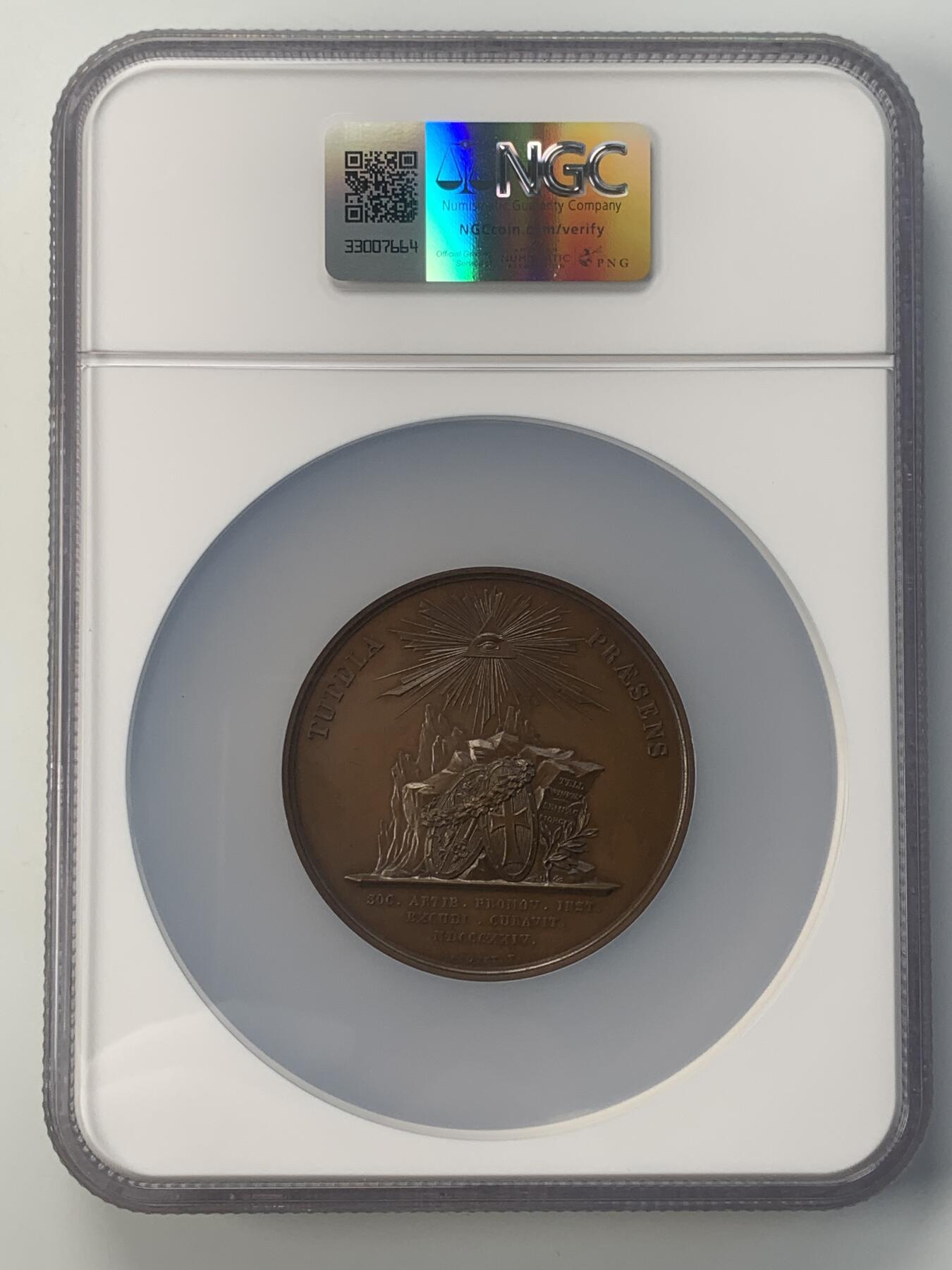 掌中浮雕-藏着的欧洲第046场 NGC MS63 : 1824年日内瓦加入瑞士邦联10周年纪念铜章，57mm