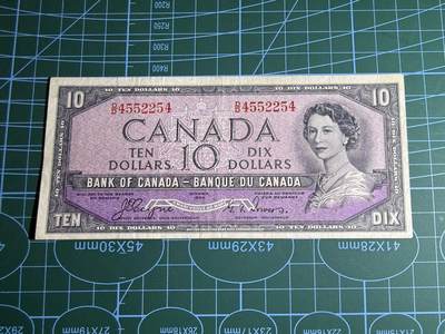 【炜奕收藏】，第五十三期 - 1954年加拿大10元，品相如图，魔鬼脸版