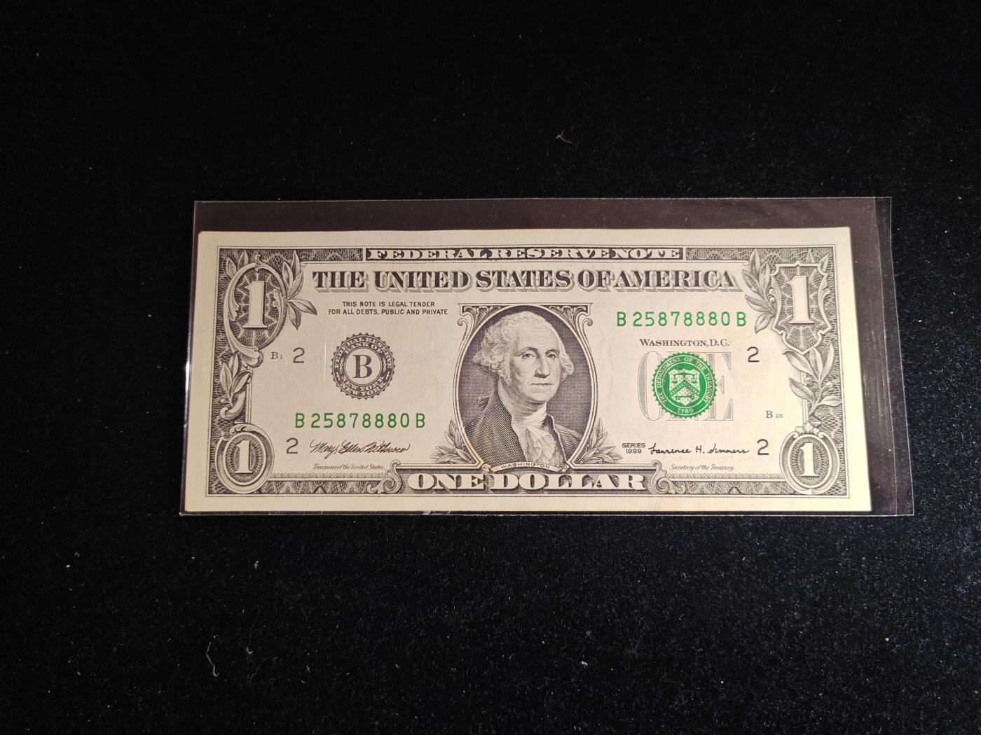 美国纸币 1999年 1美元 靓号 非全新好品