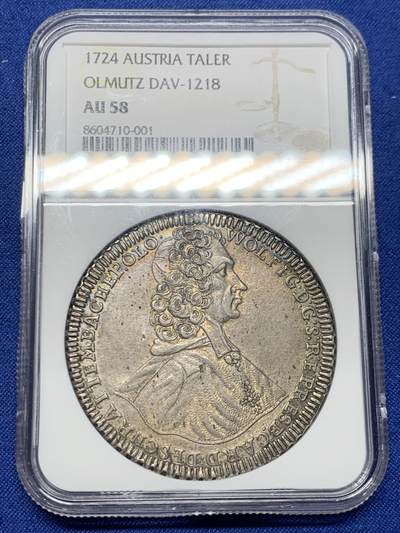 《竞宝斋》第448场 周日，周一，2场连拍 （全场包邮） - 季军分 NGC AU58 波西米亚王国 奥洛穆茨主教区 1724年 泰勒大银币 少见人像底板带光可藏