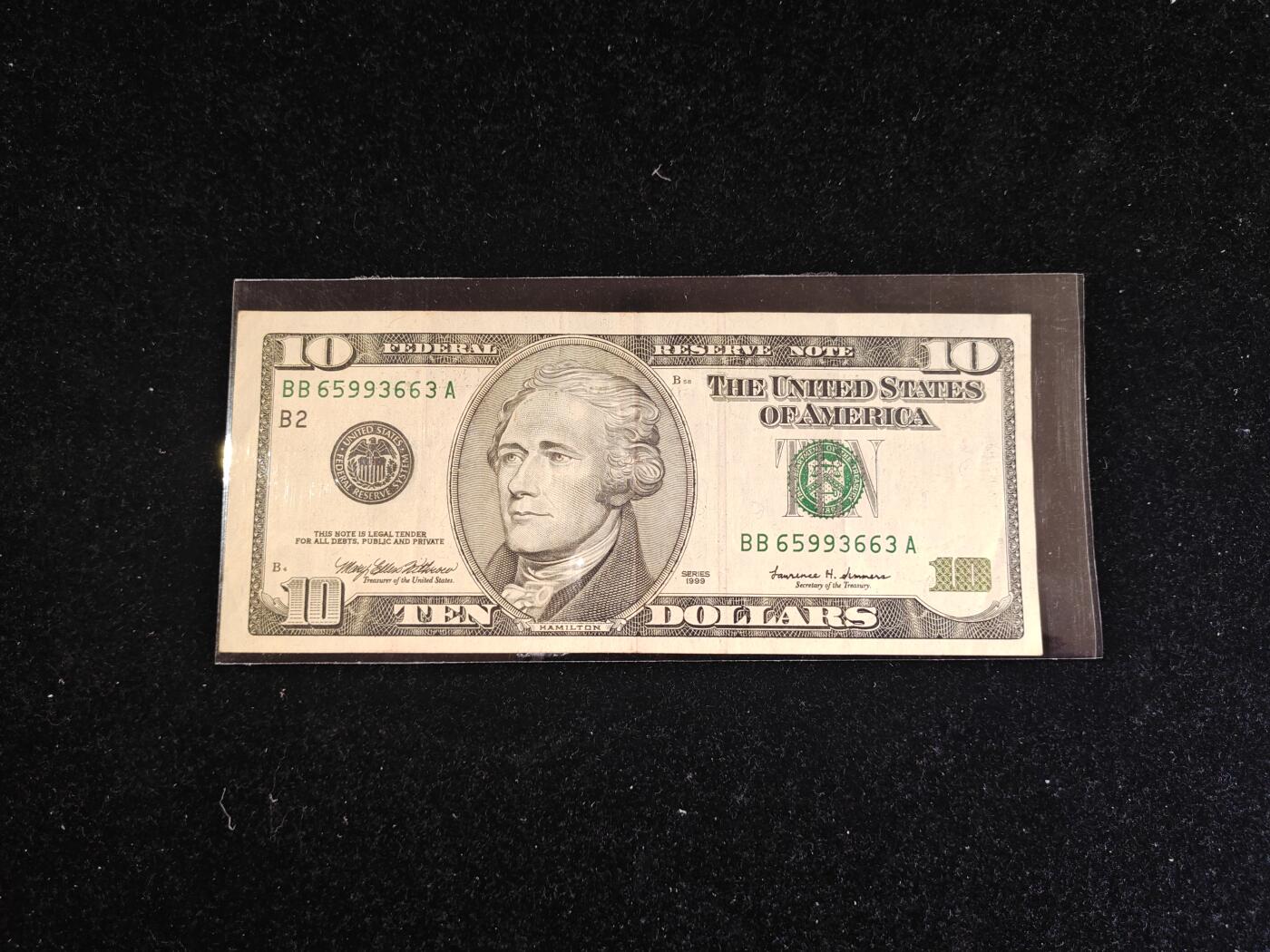 美国 1999年 大头版 10美元 非全新好品