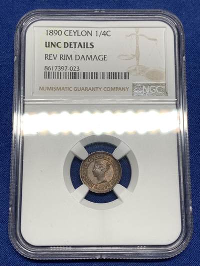 《竞宝斋》第448场 周日，周一，2场连拍 （全场包邮） - NGC UNC 英属锡兰1890年1/4分铜币