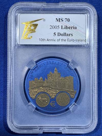 《竞宝斋》第448场 周日，周一，2场连拍 （全场包邮） - TQG MS70 利比里亚2005年欧元10周年纪念-爱尔兰5元蓝铌币 7.78克 发行量：1万