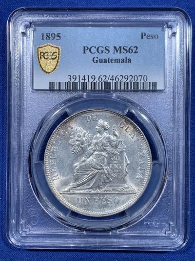 《竞宝斋》第448场 周日，周一，2场连拍 （全场包邮） - PCGS MS62 危地马拉 1895年 1比索 银币