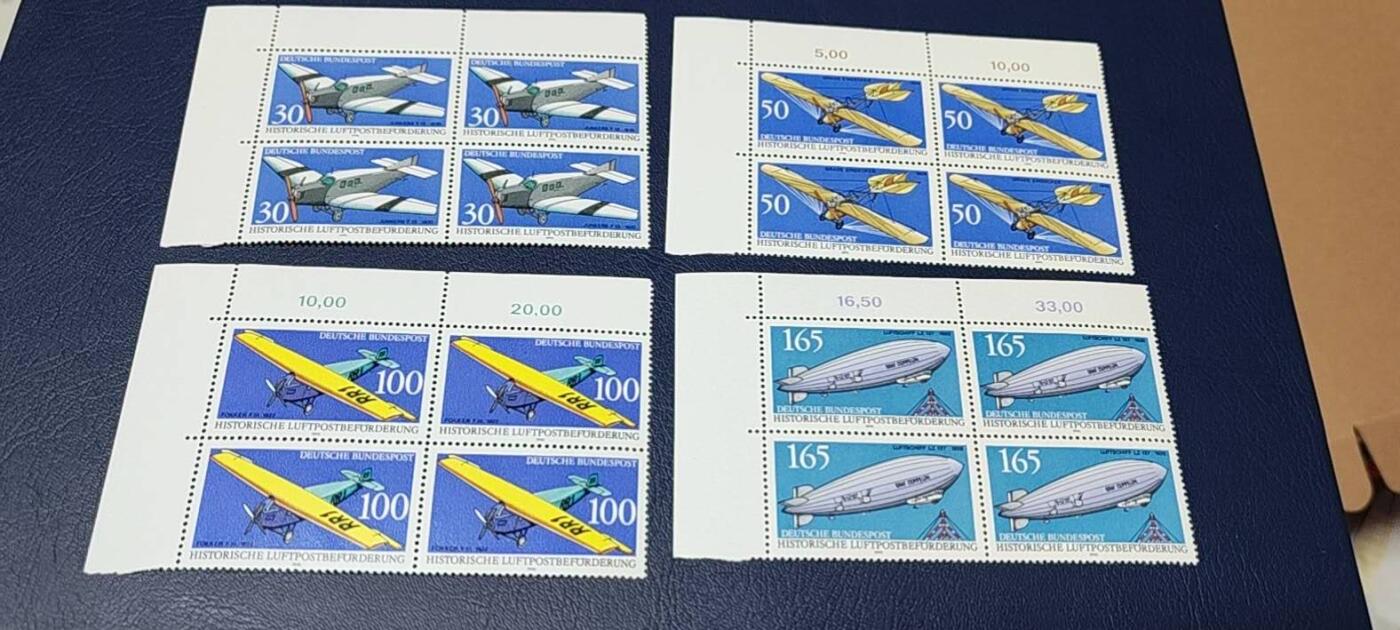 🔥套票🔥德国邮票专场，都是四方联套票 德国  四方联邮票一套，1991年发行  航空邮件运输  飞机  飞艇4全，品相如图