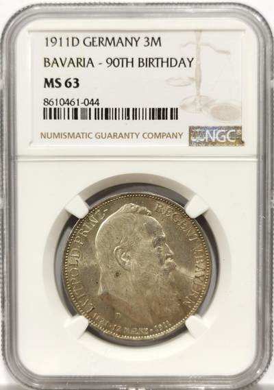 博洋堂世界钱币拍卖第153期（全场包邮） - NGC MS63 德国巴伐利亚1911年利奥波德大寿3马克银币，卷拆原光好品，状态很好