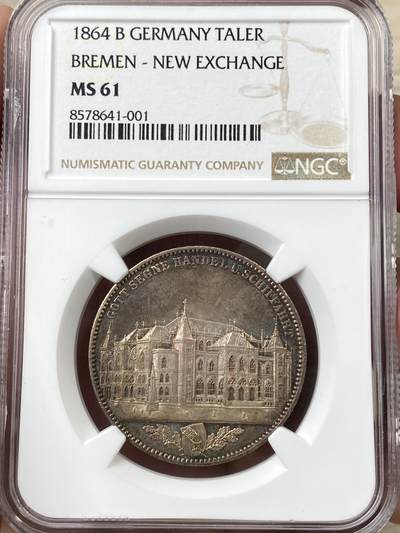 万国钱币拍卖第057期（万国冬季大拍） - NGC MS61 1864年德国不莱梅证券交易所1泰勒 发行量仅5000枚联合泰勒名誉品种 其建筑细节刻画丝丝入扣 均匀深玫瑰色火烧云包浆非常养眼