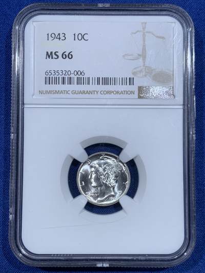 《竞宝斋》第448场 周日，周一，2场连拍 （全场包邮） - NGC MS66 美国1943年小飞侠10分银币 经典丘墨利 适合入手