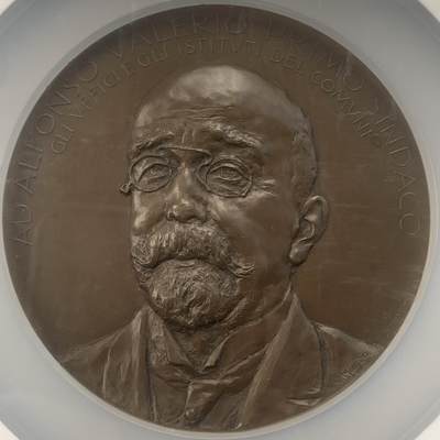 掌中浮雕-藏着的欧洲第046场 - NGC MS65 :  1919年意大利阿方索·瓦莱里奥市长纪念大铜章，意大利米兰Johnson造币厂铸造，75mm