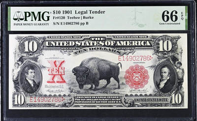 【Blue Auction】世界纸币精拍第763期——18级TOP拍卖/信誉/品质/专业/高效💫 - 【仅1张更高分】美国1901年10美金野牛券 PMG66EPQ 绝品角尖油墨佳 正反面均设计出彩 其是美国纸币史上极具代表性之一，以其精美的雕刻和独特的西部文化象征而闻名，象征美国西部拓荒精神，同时也反映了当时野牛濒临灭绝的历史背景，采用雕刻凹版印刷，工艺精湛。野牛图案由雕刻大师Baldwin创作，展现了极高的艺术水准，皮毛细节栩栩如生，深受收藏家和历史爱好者的追捧。