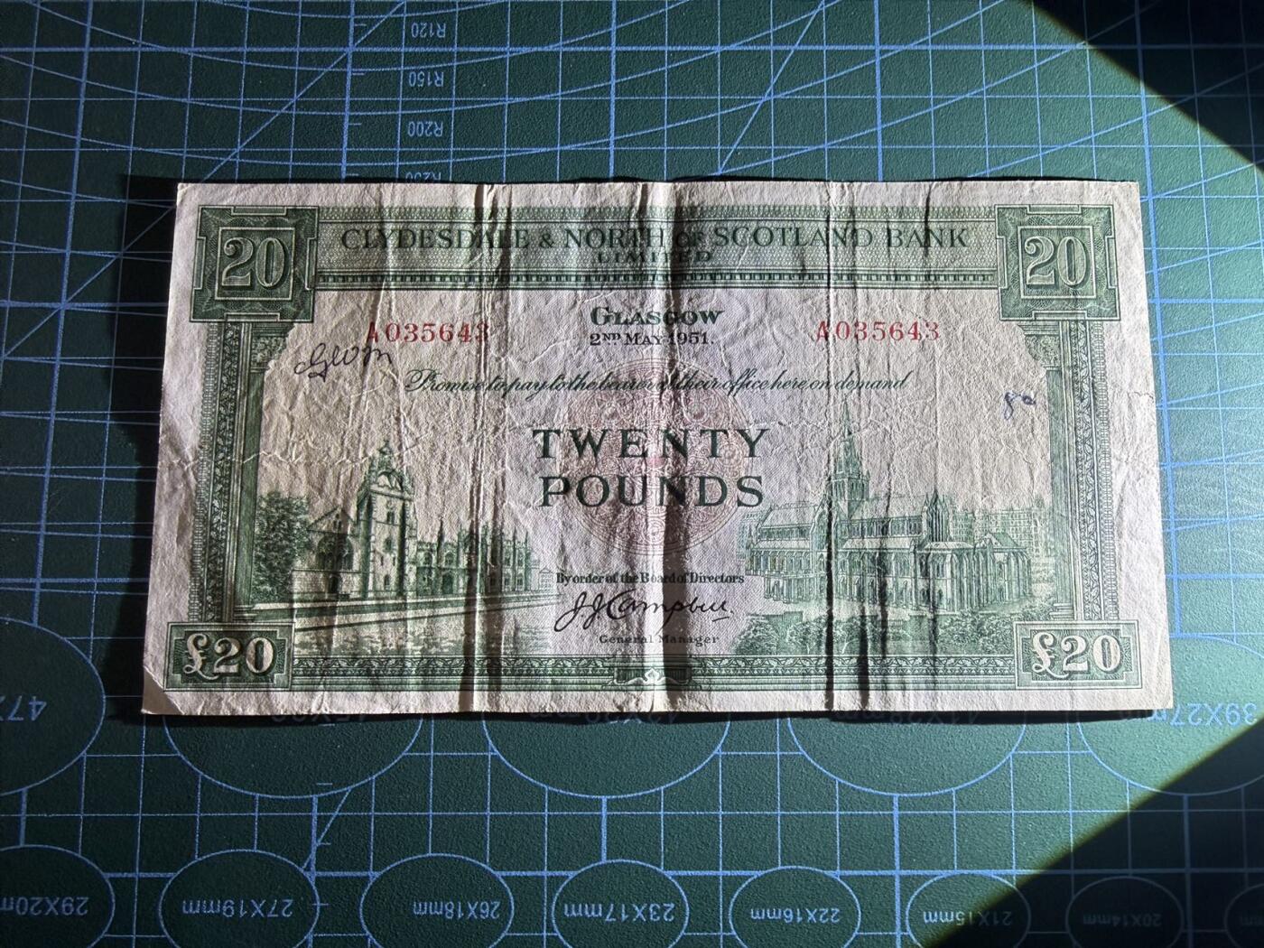 【炜奕收藏】，第五十三期 1951年苏格兰克莱斯戴尔和北方联合银行20镑，品相如图，首发年A冠稀少
