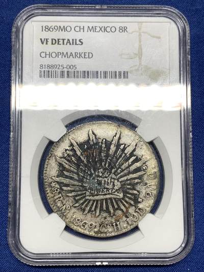 《竞宝斋》第448场 周日，周一，2场连拍 （全场包邮） - NGC VFD 1869年墨西哥鹰洋MO CH 自由帽面两次墨印加盖，老墨印上加盖”恊“字商号墨印，少见墨印