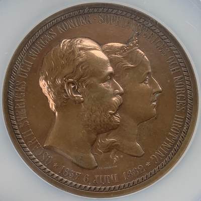 掌中浮雕-藏着的欧洲第046场 - NGC UNC : 1882年瑞典奥斯卡二世与王后索菲亚银婚纪念铜章，69mm，雕刻家Lea Anlborn作品