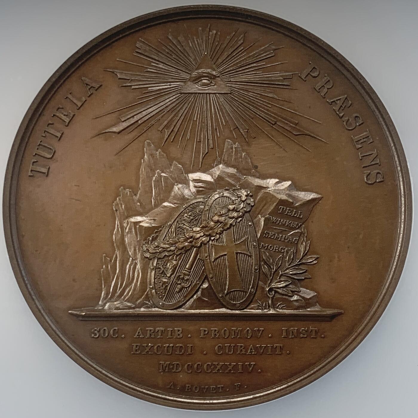 掌中浮雕-藏着的欧洲第046场 NGC MS63 : 1824年日内瓦加入瑞士邦联10周年纪念铜章，57mm