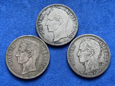 《竞宝斋》第448场 周日，周一，2场连拍 （全场包邮） - 三枚一组 委内瑞拉1911/1926/1929年5玻利瓦尔大银币