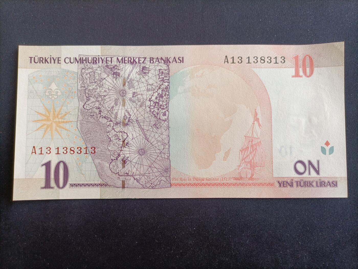 【游宝拍卖】乙巳蛇年97期 周六集拍 土耳其-10新里拉【A冠 数三号 A13138313 全新UNC-】