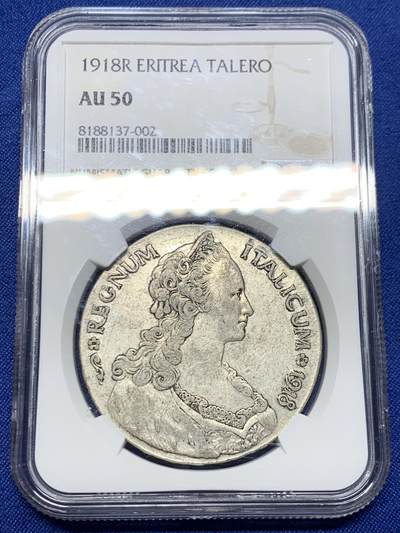 《竞宝斋》第448场 周日，周一，2场连拍 （全场包邮） - NGC AU50 意属厄立特里亚1918年talero大硬币，正面人像借鉴大奶妈设计，为意大利女王埃莱娜