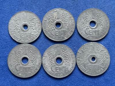 《竞宝斋》第448场 周日，周一，2场连拍 （全场包邮） - 六枚一组 法属印支1940年花帽1分锌币 细节见图