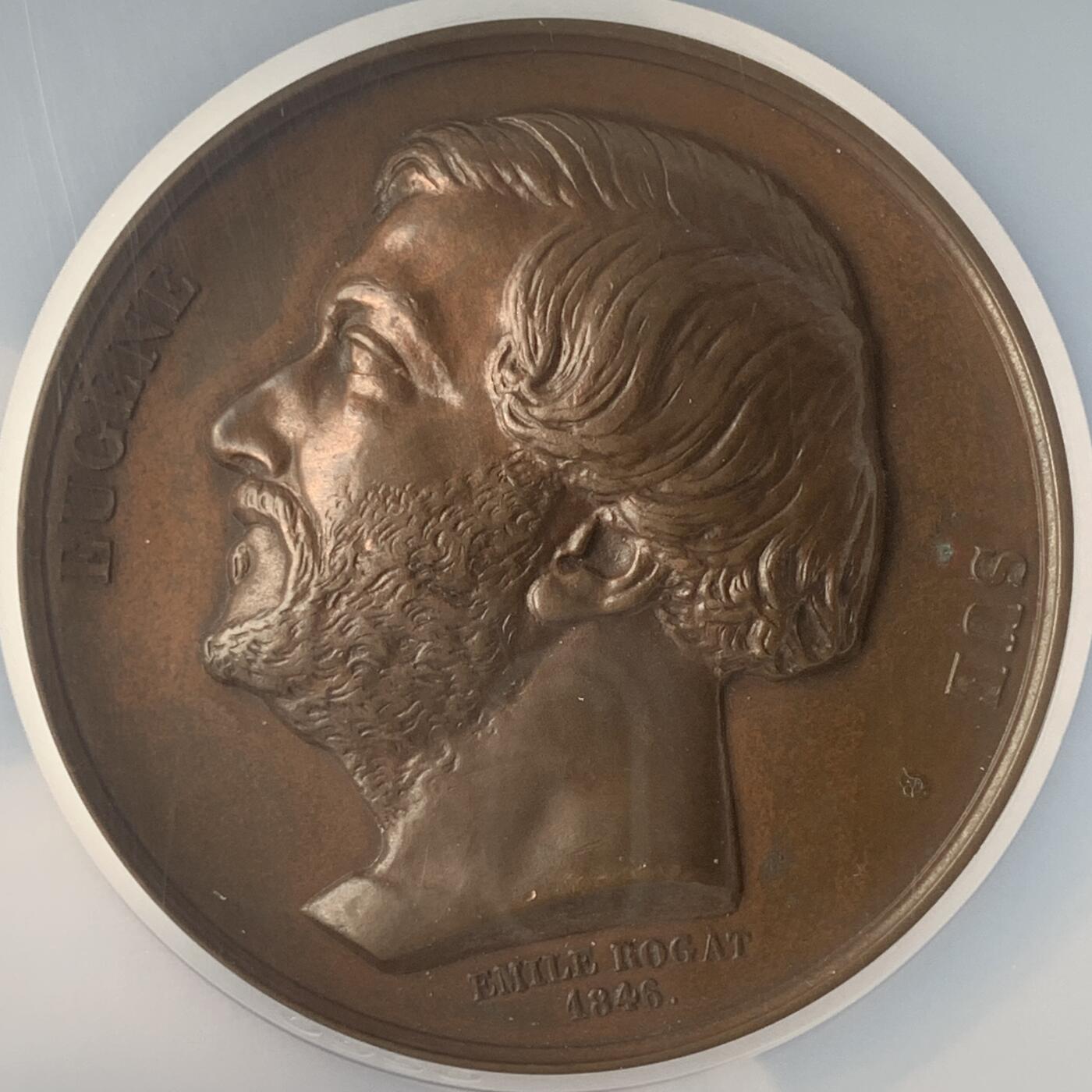 掌中浮雕-藏着的欧洲第046场 NGC MS62 : 1846年法国作家欧仁-苏纪念大铜章 , 51mm