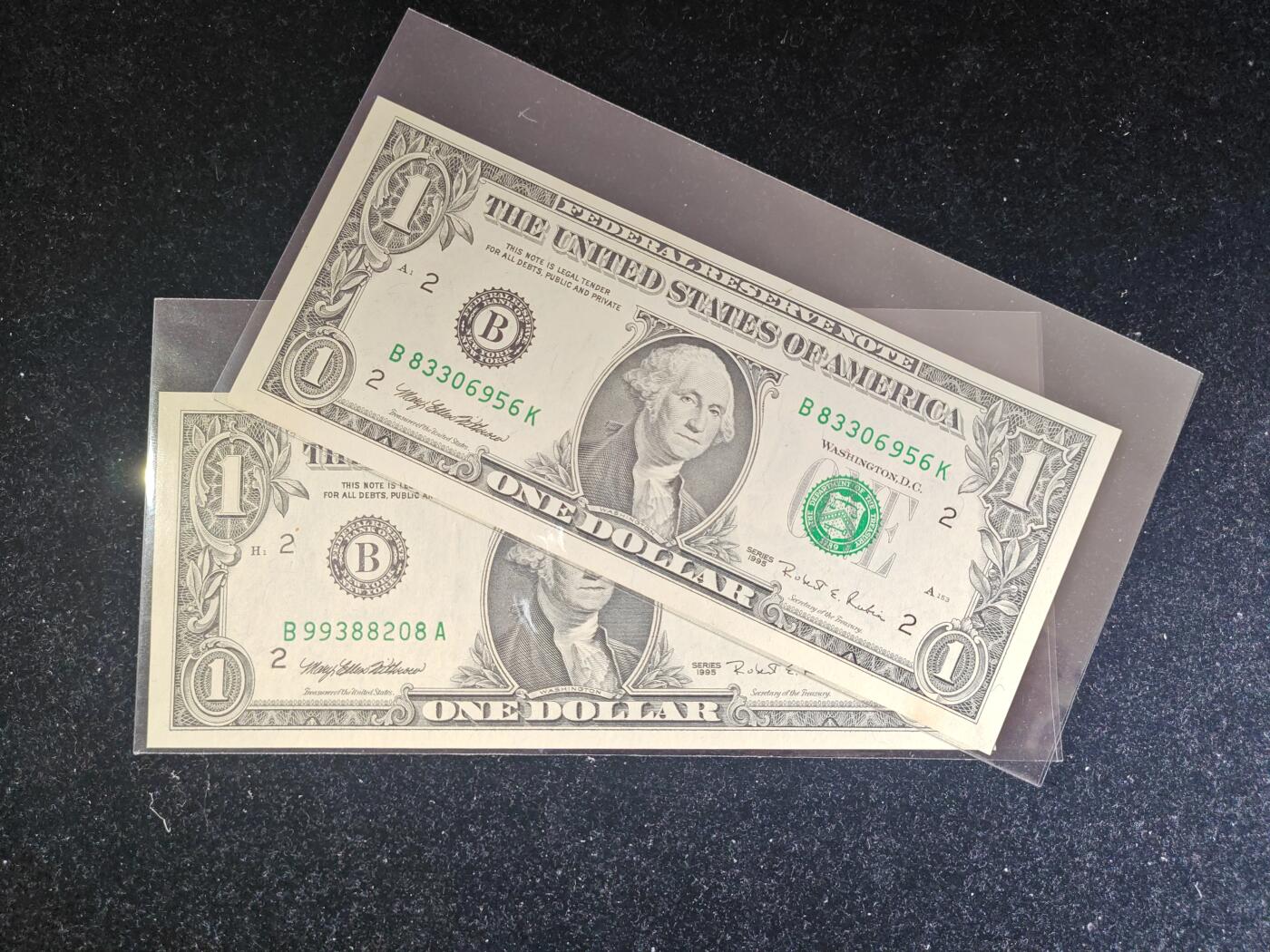 美国纸币 1995年 1美元 无47 B区A冠 全新UNC 单价