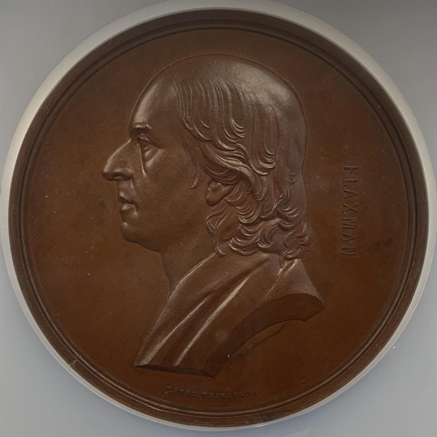 掌中浮雕-藏着的欧洲第046场 NGC MS62 : 1854年英国《伦敦艺术联盟》约翰. 弗拉克斯曼纪念铜章， 55mm ，评级盒子有破损（如图）