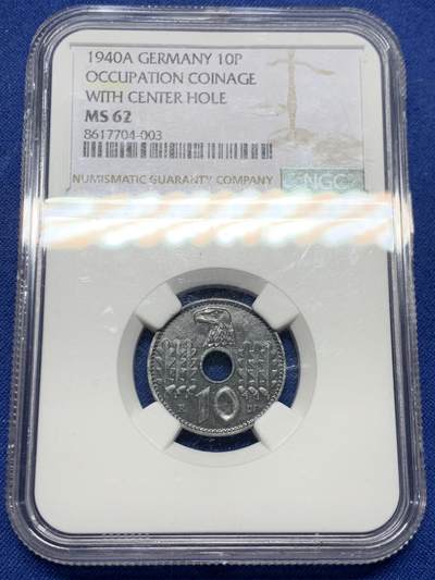 《竞宝斋》第448场 周日，周一，2场连拍 （全场包邮） - NGC MS62 德国 1940A 占领区 10芬尼 锌币 锌币极难保存，MS少之又少