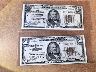 【Blue Auction】世界纸币精拍第763期——18级TOP拍卖/信誉/品质/专业/高效💫 - 【一组2张】美国1929年50美金国民券 少见旧金山版 XF品相