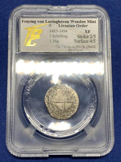 《竞宝斋》第448场 周日，周一，2场连拍 （全场包邮） - TQG XF 利沃尼亚骑士团（宝剑骑士团） 1483-1494年 1先令 银币 骑士团银币 弗雷塔格大团长在位时期发行 细节较好 背面盾徽错打 三环变四环 极少见品种