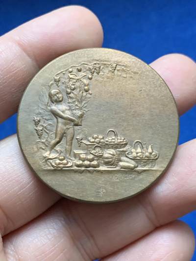 《竞宝斋》第448场 周日，周一，2场连拍 （全场包邮） - 法国20世纪铜章 小天使抱花 洛可可风格 丰饶角铜标边铭 铜质温润 细节不错 约33.3g 40.6mm