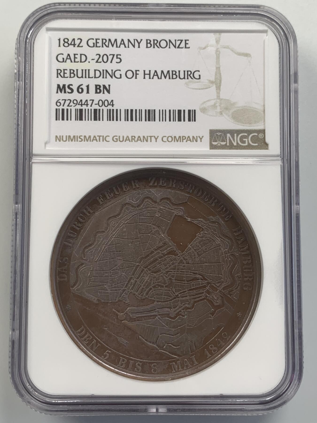 掌中浮雕-藏着的欧洲第046场 NGC MS61 : 1842德国被烧毁的汉堡市重建纪念铜章，44mm