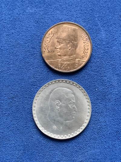 《竞宝斋》第448场 周日，周一，2场连拍 （全场包邮） - 两枚一组 1970埃及总统纳赛尔25Piatres银币 + 1950埃及法鲁克国王1米利姆少见原光铜币