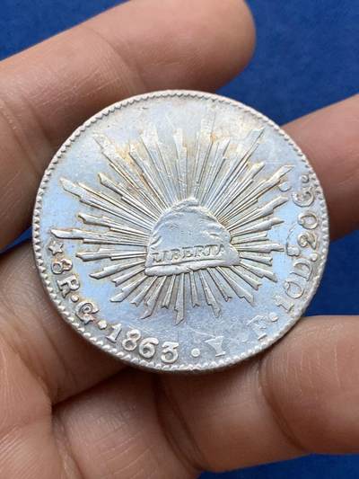 《竞宝斋》第448场 周日，周一，2场连拍 （全场包邮） - 墨西哥1863 GO YF版 8R鹰元银币 中期鹰洋好品相少见