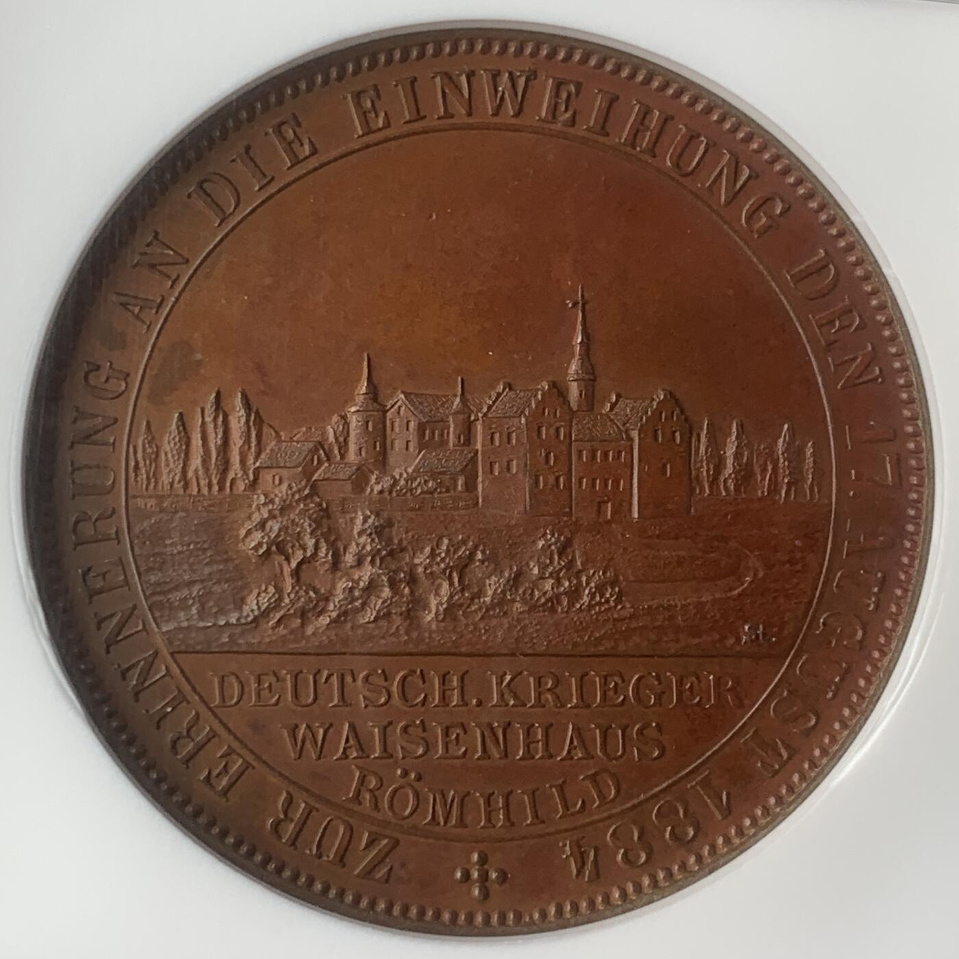 掌中浮雕-藏着的欧洲第046场 NGC MS62 : 1884年德国军人孤儿院落成纪念铜章，40mm