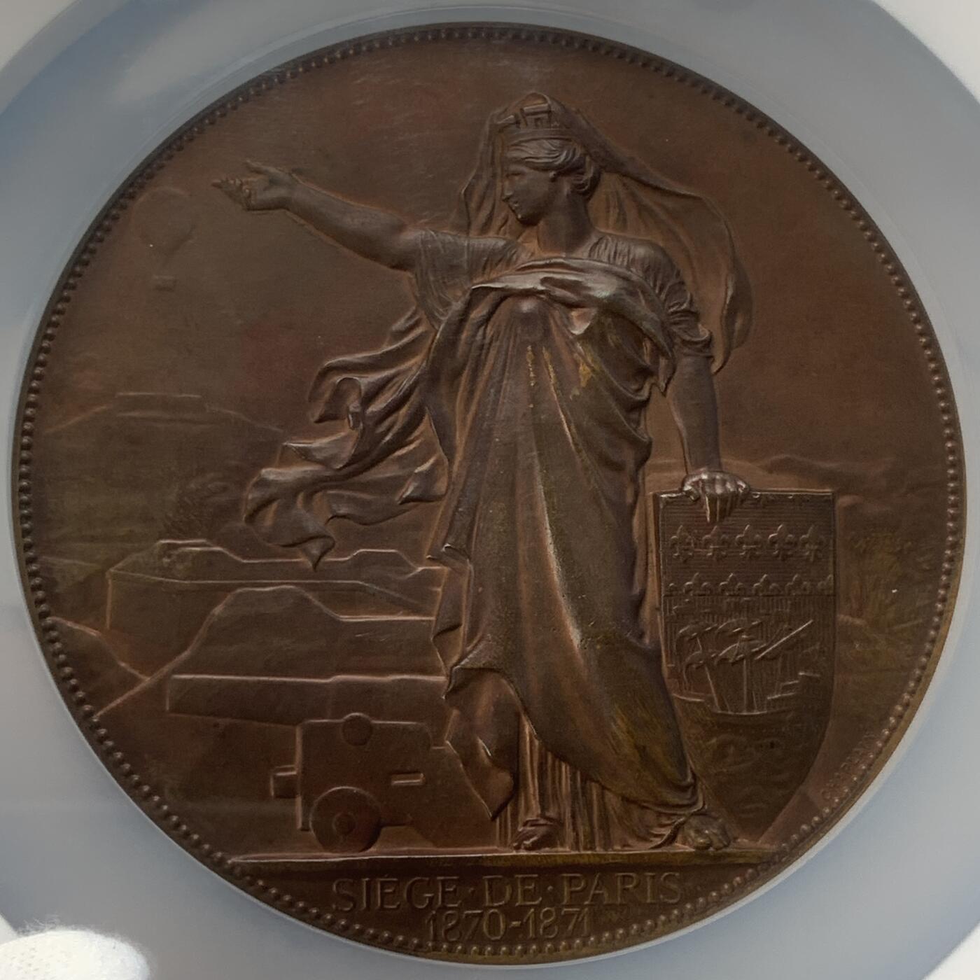掌中浮雕-藏着的欧洲第046场 NGC MS62 : 1871年法国巴黎航空功勋纪念铜章 ，1870/1871年在巴黎防御中使用热气球，75mm