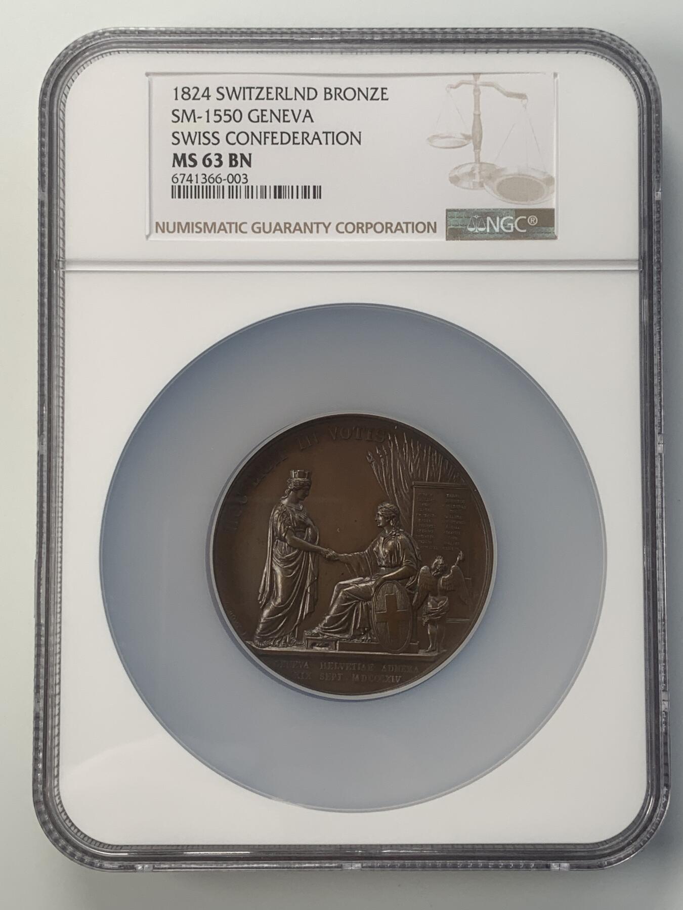 掌中浮雕-藏着的欧洲第046场 NGC MS63 : 1824年日内瓦加入瑞士邦联10周年纪念铜章，57mm